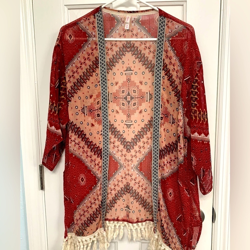 Bohemian Red Fringe Open-Front Kimono Cardigan